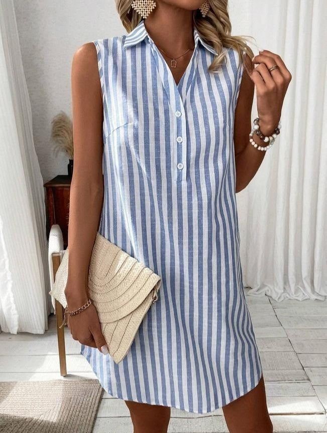 Women Sleeveless Striped Shirt Dress V Neck