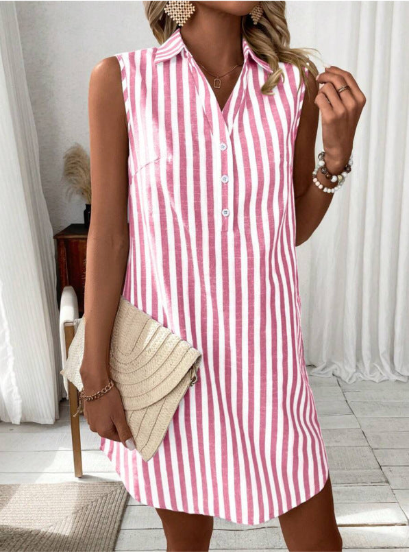 Women Sleeveless Striped Shirt Dress V Neck