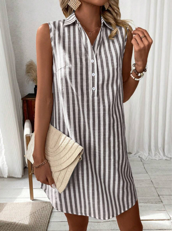 Women Sleeveless Striped Shirt Dress V Neck
