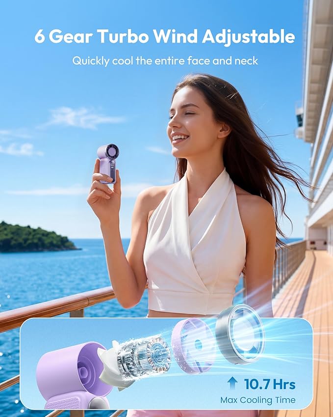Mini Handheld Fan with LED Display –👍5-Speed Turbo Pocket size Fan.✨USB Rechargeable, High-Speed Cooling for Travel & Makeup. Perfect Gift. Portable Refrigeration