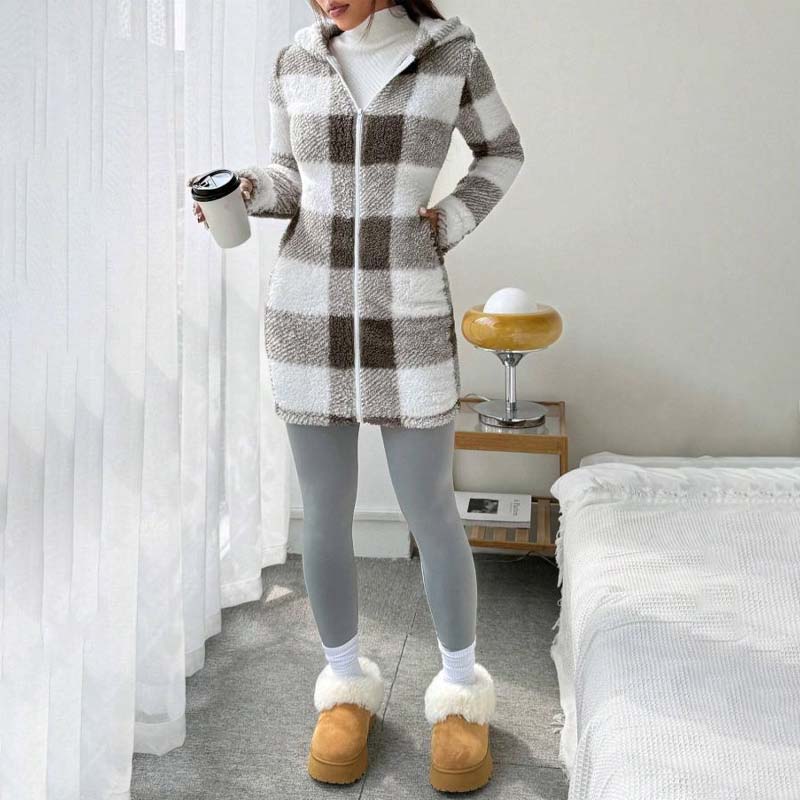 🍂 Classic Plaid, Cozy Long-Line Coverage | Women's Zip-Up Hooded Jacket