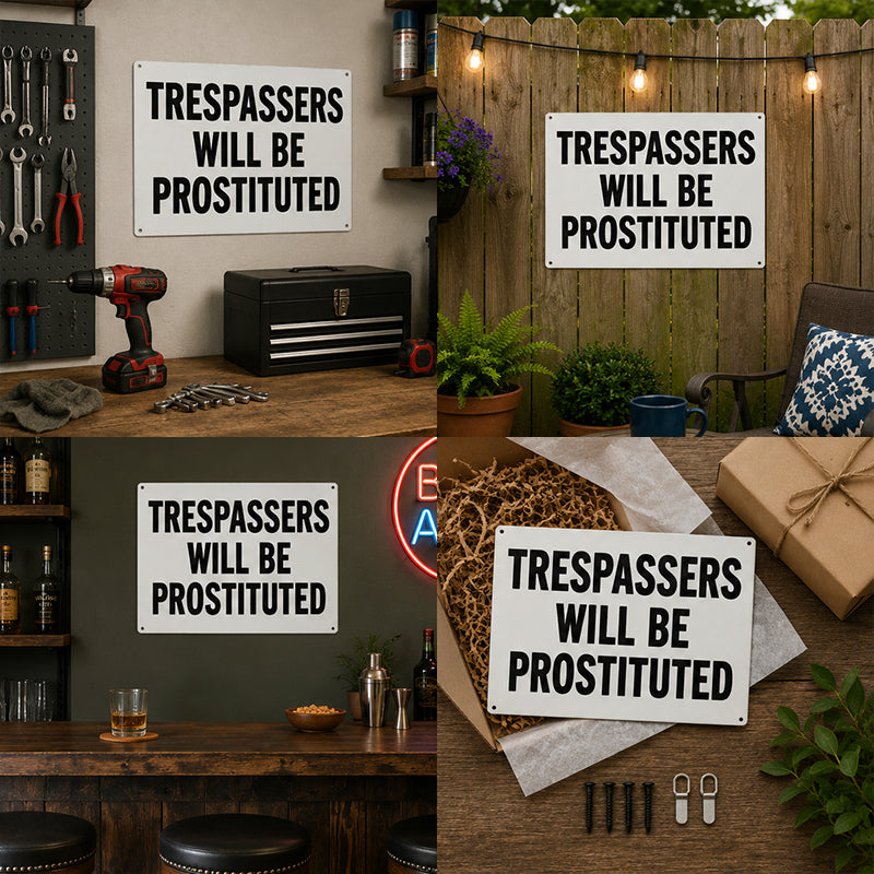 "Trespassers Will Be Prostituted" Funny Metal Sign