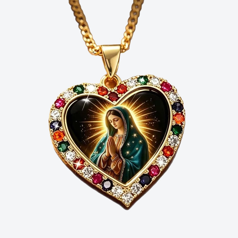 Virgin Mary Heart Necklace with Colorful Border