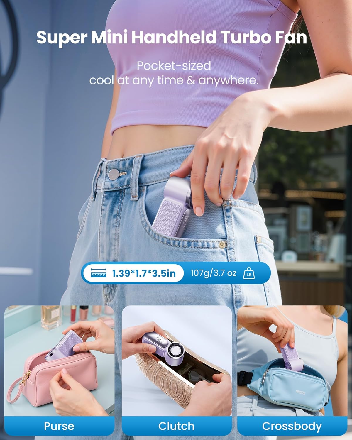 Mini Handheld Fan with LED Display –👍5-Speed Turbo Pocket size Fan.✨USB Rechargeable, High-Speed Cooling for Travel & Makeup. Perfect Gift. Portable Refrigeration