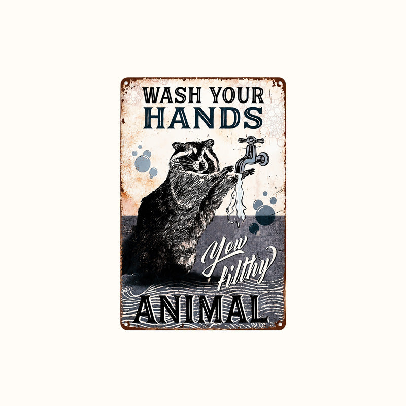 🦝 Funny Raccoon "Wash Your Hands" Metal Sign