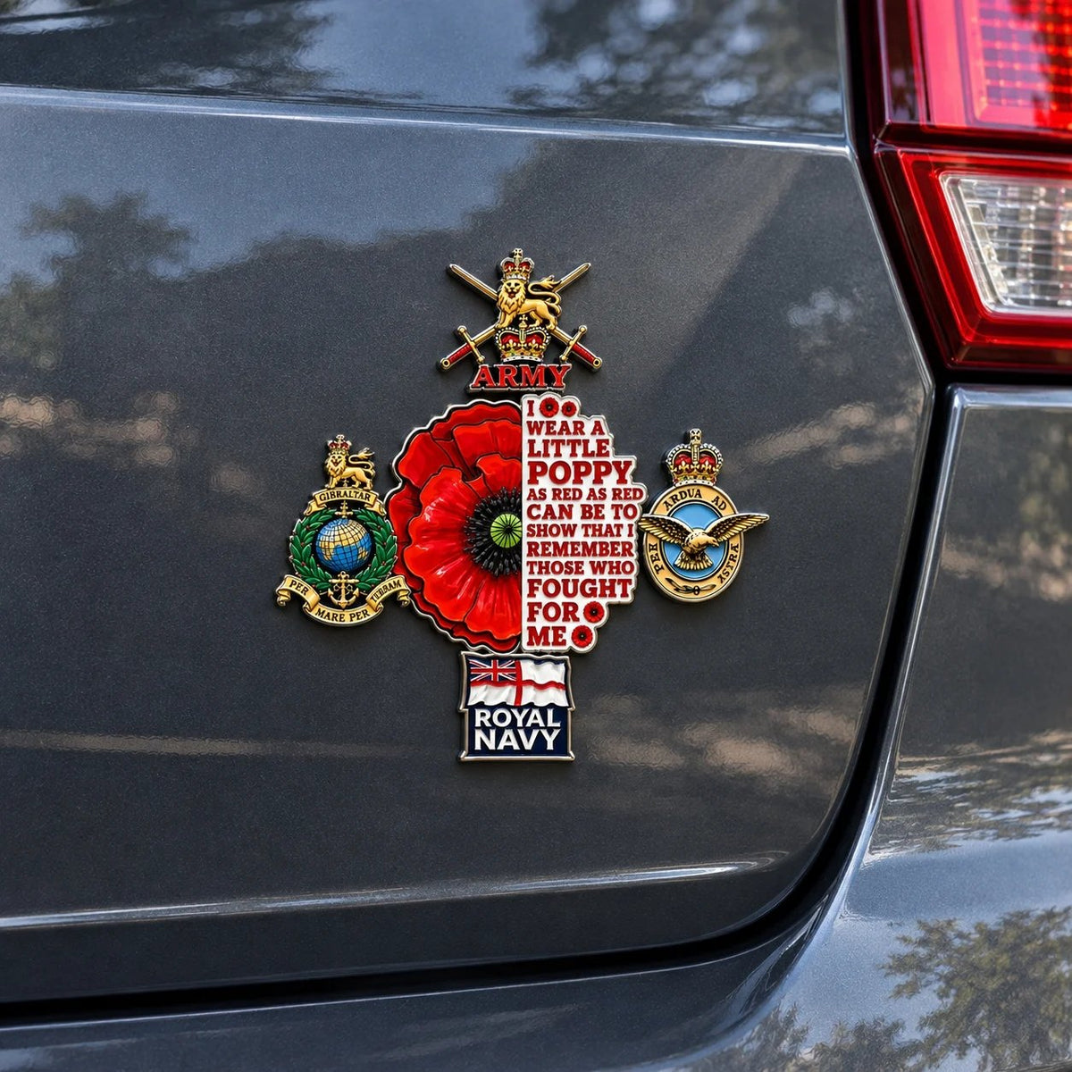 🌺 British Armed Forces “Lest We Forget” Remembrance Poppy Tribute Metal Car Emblem