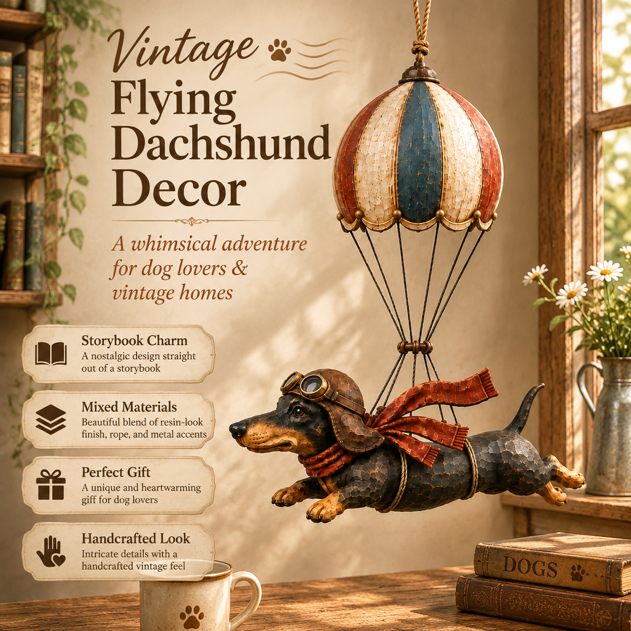 Vintage Flying Dachshund Hot Air Balloon Decor