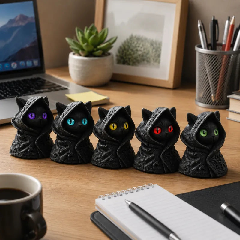 Mysterious Hooded Cat Figurine - Gothic Black Cat Statue, Fantasy Witchy Kitten Sculpture Home Decor, Perfect Gift for Cat Lovers