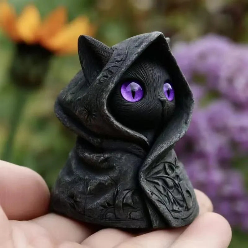 Mysterious Hooded Cat Figurine - Gothic Black Cat Statue, Fantasy Witchy Kitten Sculpture Home Decor, Perfect Gift for Cat Lovers