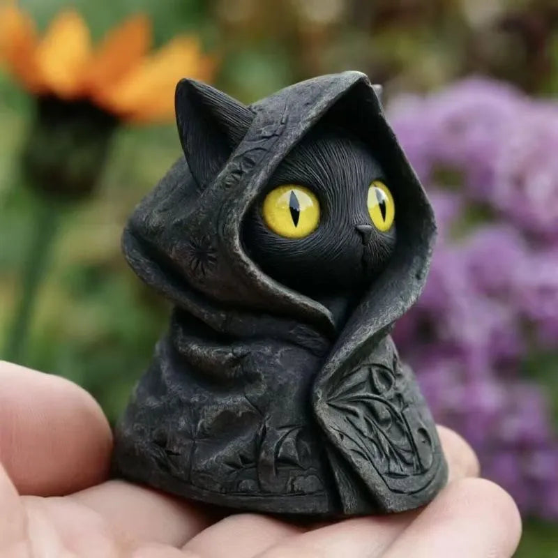 Mysterious Hooded Cat Figurine - Gothic Black Cat Statue, Fantasy Witchy Kitten Sculpture Home Decor, Perfect Gift for Cat Lovers