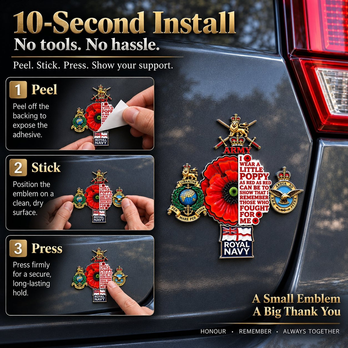 🌺 British Armed Forces “Lest We Forget” Remembrance Poppy Tribute Metal Car Emblem
