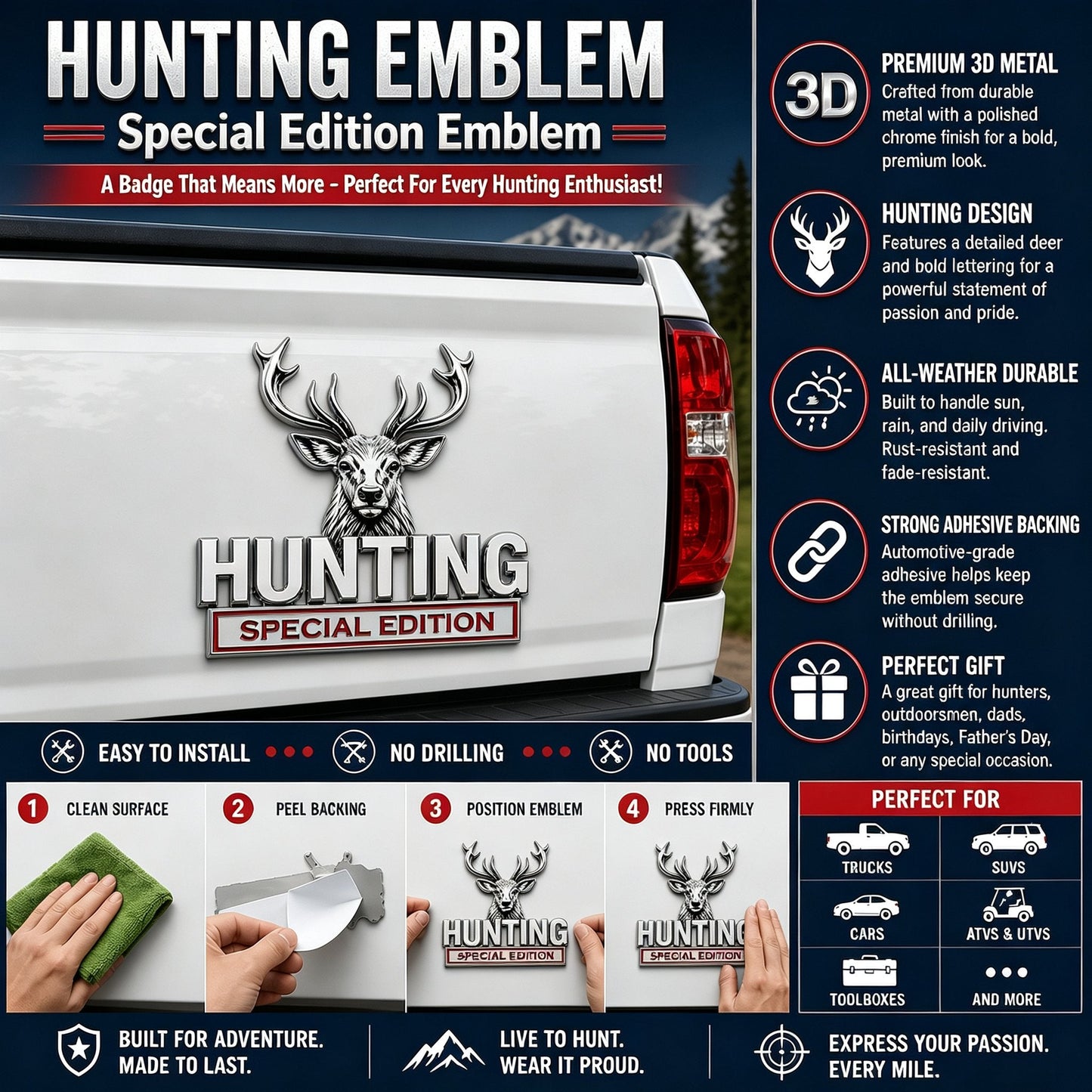 🦌 HUNTING Special Edition Emblem – Premium 3D Metal Car Badge For Hunting Enthusiast