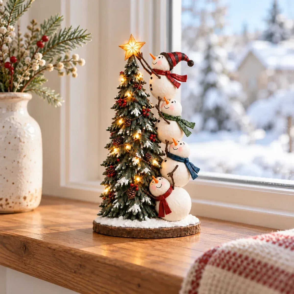 🔥 Snowmen Topping the Christmas Tree – Lighted Christmas Figurine