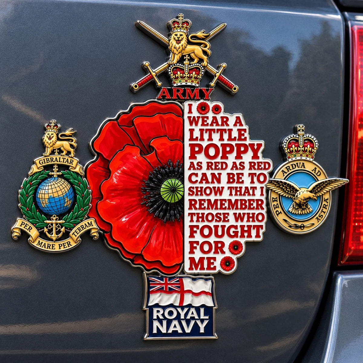 🌺 British Armed Forces “Lest We Forget” Remembrance Poppy Tribute Metal Car Emblem