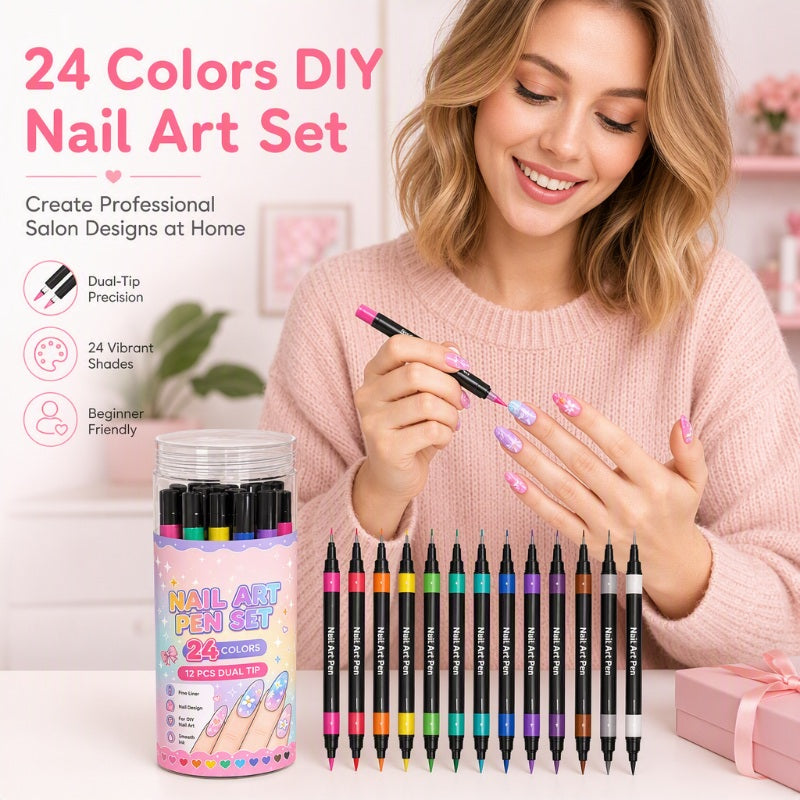 💅24 Colors Dual Ended Nail Art Pens Set – Creative Salon‑Quality Easy DIY ✨