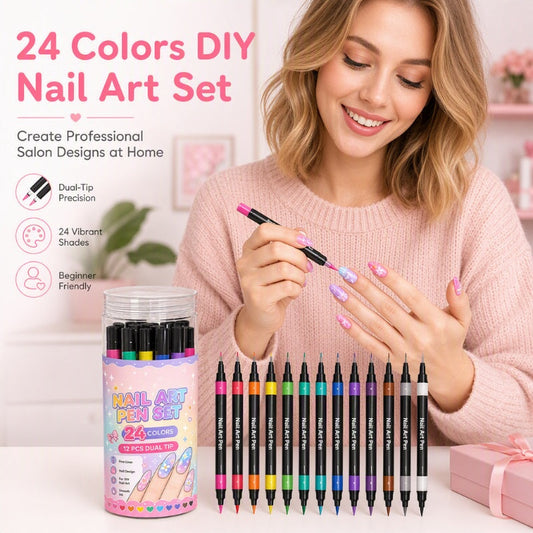 💅24 Colors Dual Ended Nail Art Pens Set – Creative Salon‑Quality Easy DIY ✨