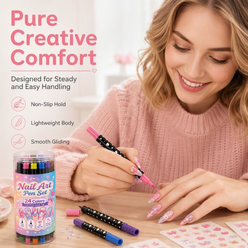 💅24 Colors Dual Ended Nail Art Pens Set – Creative Salon‑Quality Easy DIY ✨