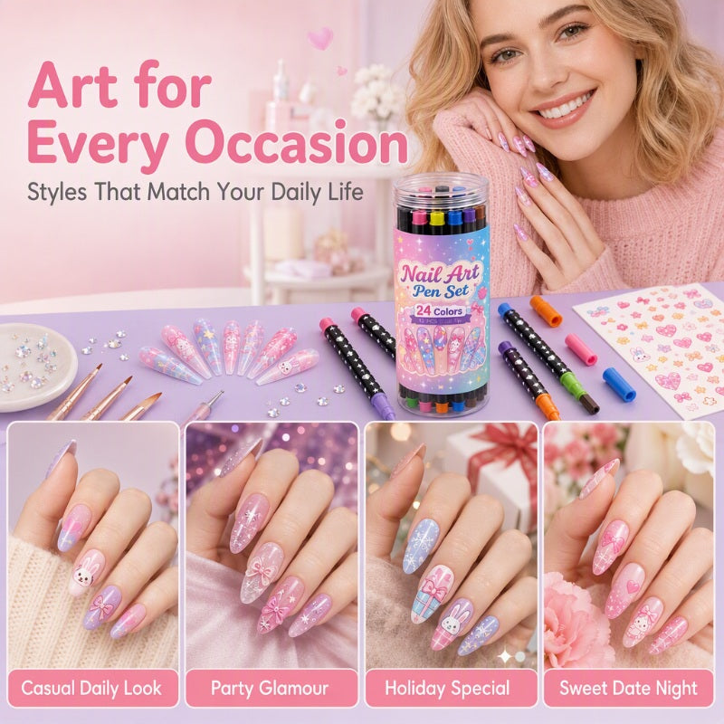 💅24 Colors Dual Ended Nail Art Pens Set – Creative Salon‑Quality Easy DIY ✨
