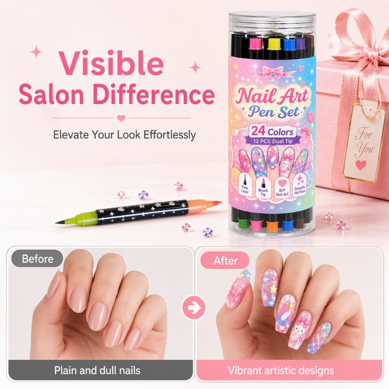 💅24 Colors Dual Ended Nail Art Pens Set – Creative Salon‑Quality Easy DIY ✨